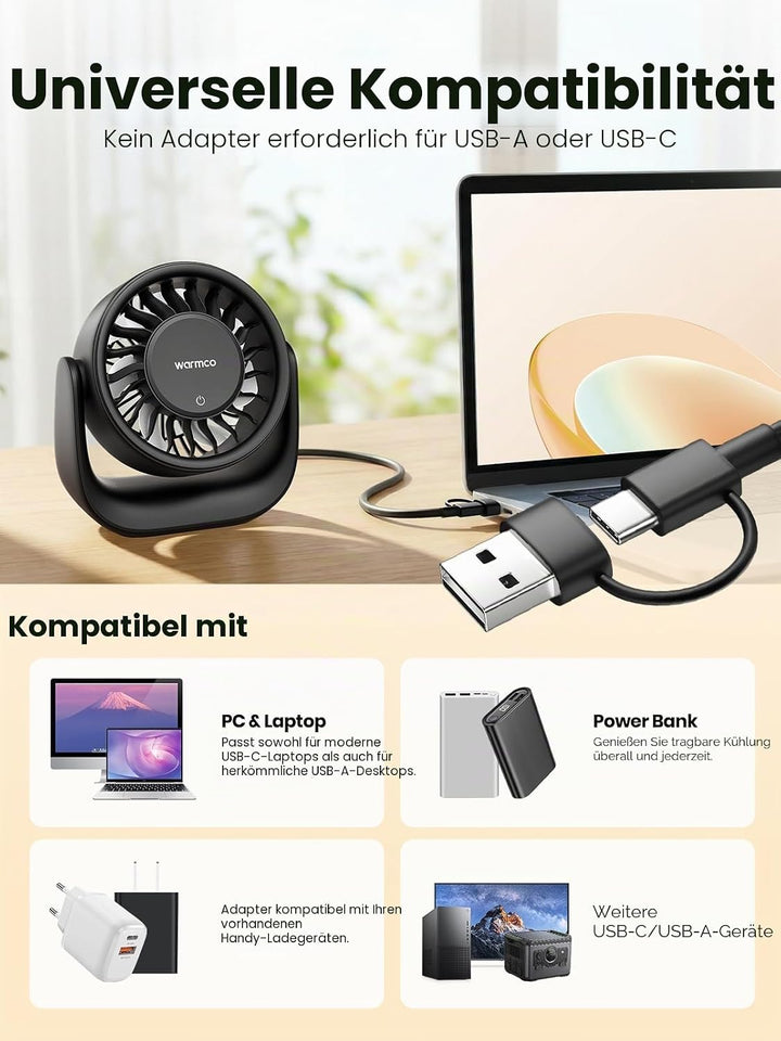 Warmco USB Tischventilator mit Touch, (Nur USB-Betrieb) Kleiner Ventilator, USB-A & USB-C Stecker, 3
