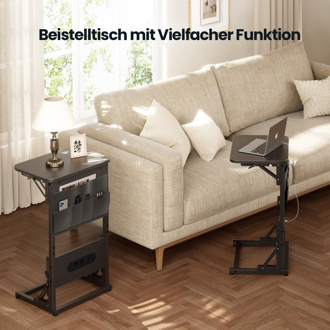 Beistelltisch C Form, Klappbarer Sofatisch mit Steckdosen, Höhenverstellbar Couchtisch mit Metallrah