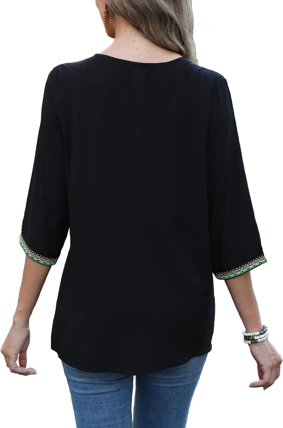 Seasonal Boho Tunika Damen Sommer Mexikanische Blumen Bestickt V-Ausschnitt Top 3/4 Ärmel Hippie Los