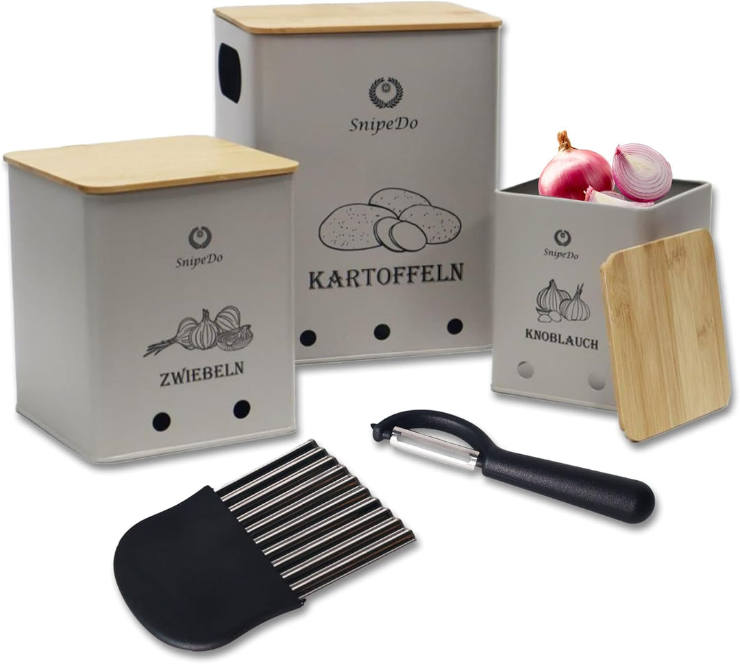 Kartoffel Aufbewahrungsbox Set – 3er Set Kartoffelbox, Zwiebel Aufbewahrung, Knoblauch Behälter – Me