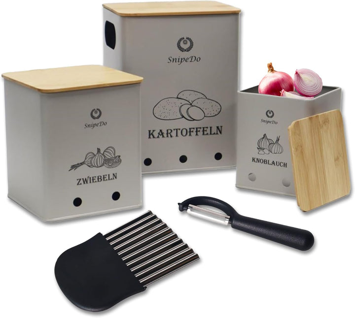 Kartoffel Aufbewahrungsbox Set – 3er Set Kartoffelbox, Zwiebel Aufbewahrung, Knoblauch Behälter – Me