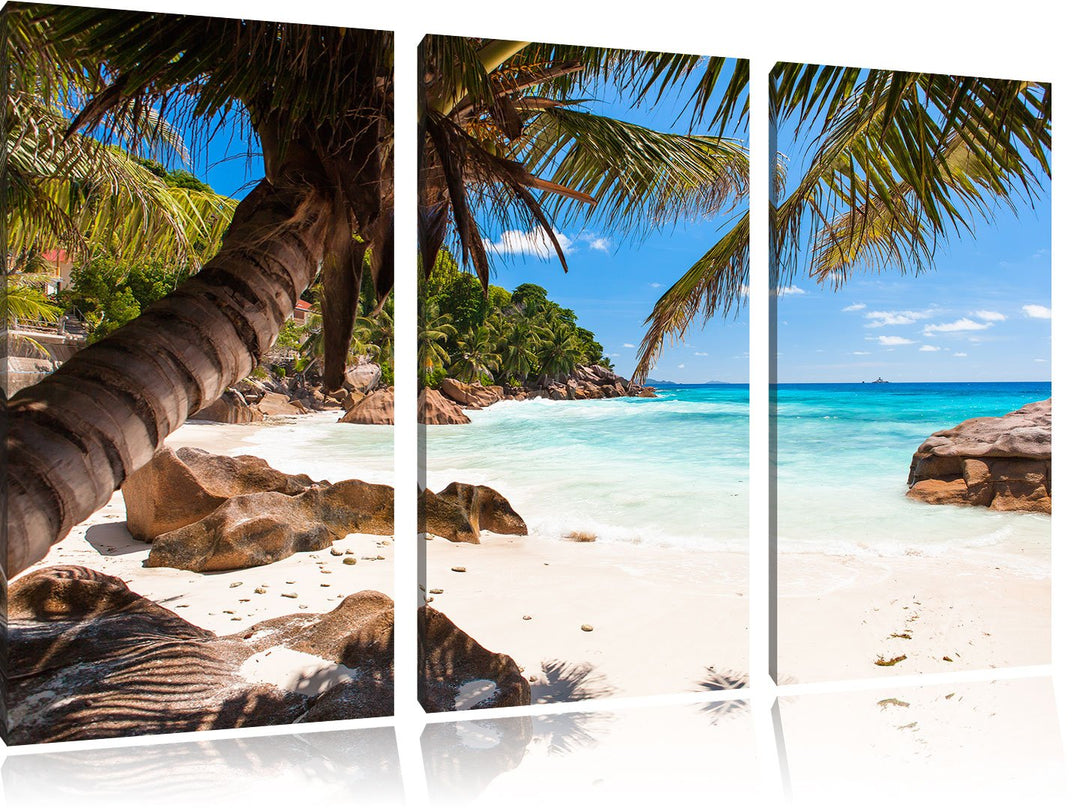 Pixxprint Palmenstrand Seychellen als Leinwandbild | Grösse: 3 Teilig (120x80) | Wandbild| Kunstdruc