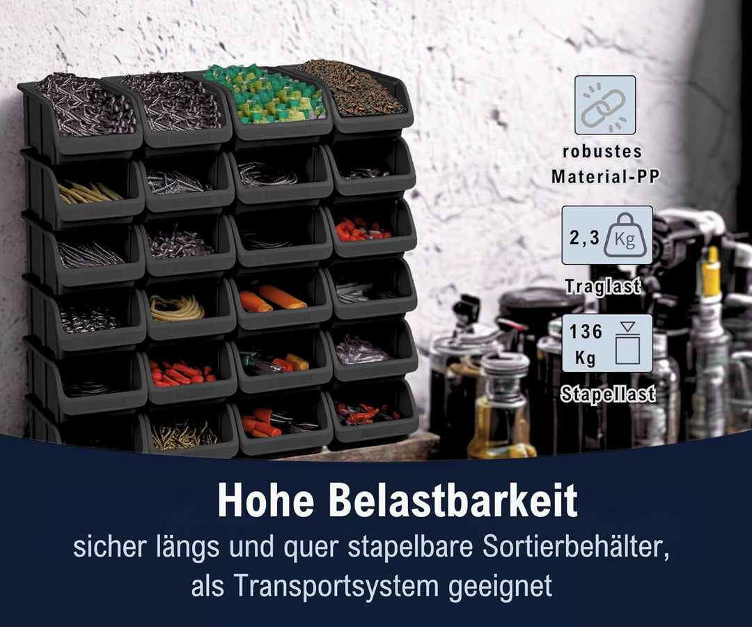 hünersdorff 24 x Sichtbox - Stapelbox Lagerbox SET in Gr. 2 - aus bruchsicherem Polypropylen (PP) -