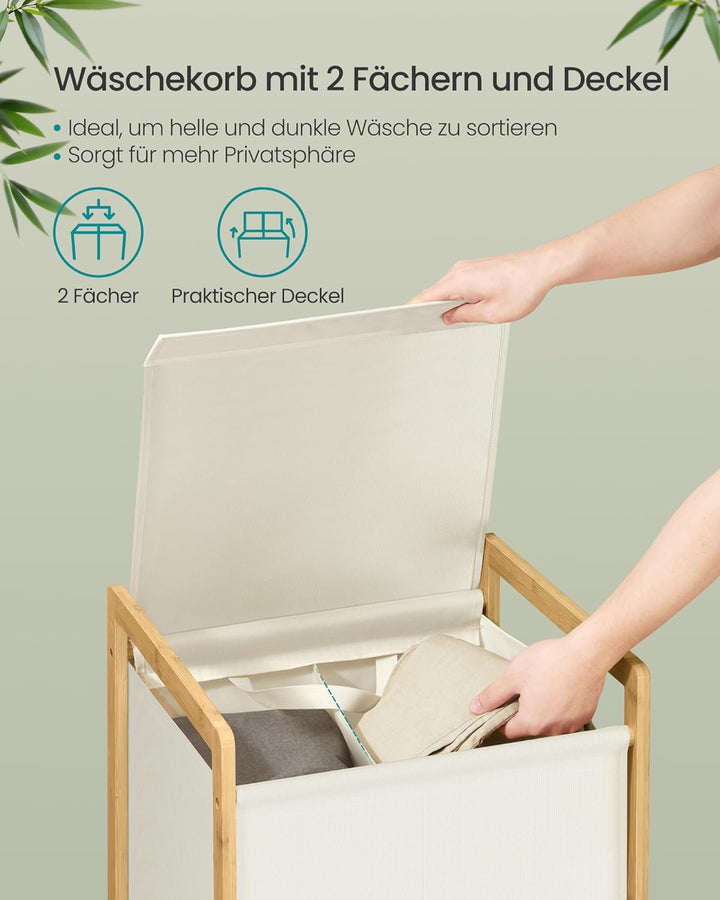 SONGMICS Wäschekorb 2 Fächer, Wäschesammler mit Bambusrahmen, verstärkter und abnehmbarer Deckel, Wä