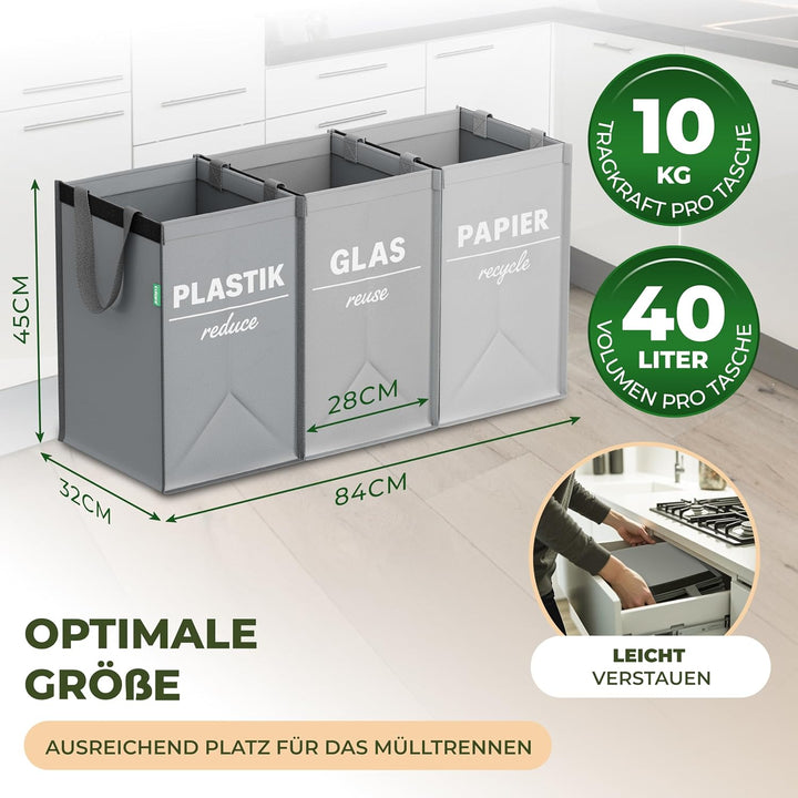 COTTARA® Mülltrennsystem 3 fach Plastik, Glas, Papier | Starker Stand durch 4 x Stabilisatoren | Per