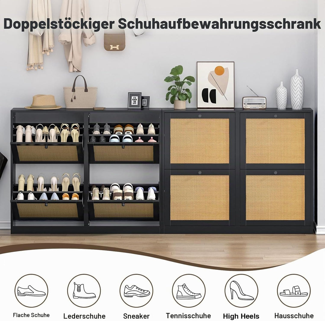 Rattan Schuhschrank mit 4 Klappen, Schuhkipper Schuhkommode mit Einstellbar Ablageflächen Schuhregal