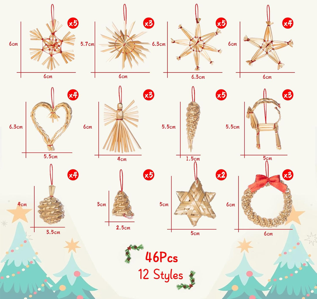 46 x Weihnachten Natur Strohsterne Set,Christbaumschmuck Stroh mit Natürlichen Akzenten,Handgemacht