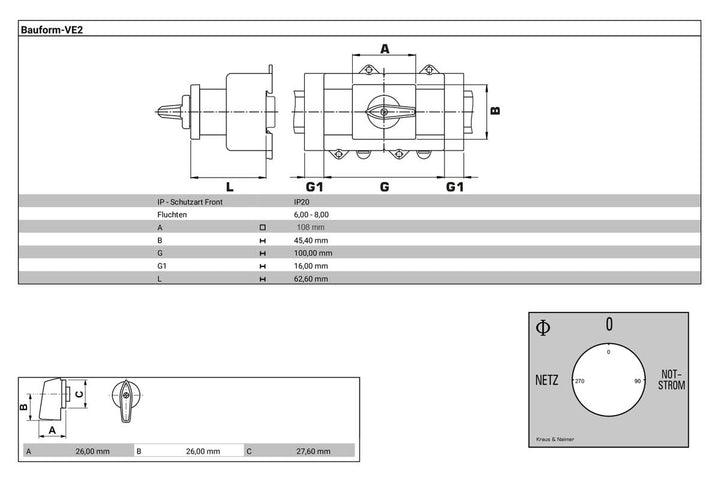 Kraus & Naimer KA63B T904 VE2 +F437 Umschalter 4-polig 63A mit Stellung Netz 0 Notstrom Schnappbefes