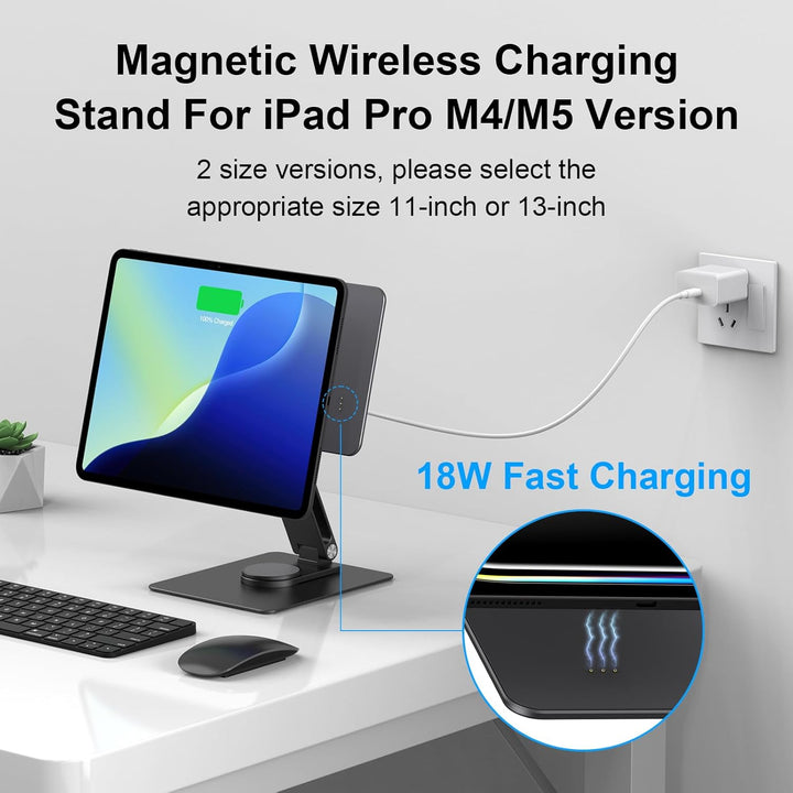 Magnetischer Tablet-Ständer mit kabelloser Ladefunktion, 18 W, 360° drehbarer Aluminiumhalter für iP