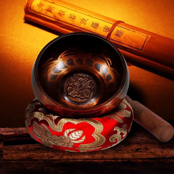 Exqline Tibetische Klangschale Set, 11,5 cm Singing Bowl aus Tibet mit Holz Klöppel & Handgemachte K