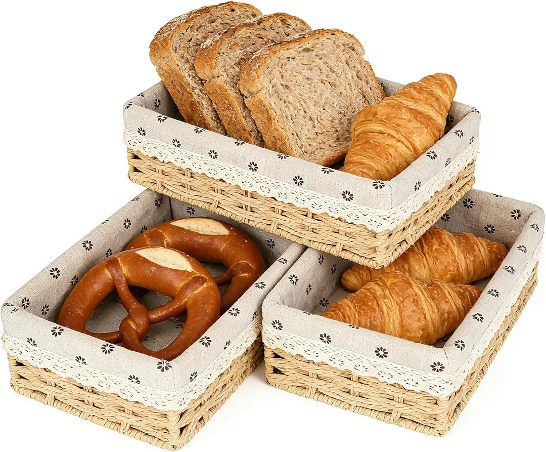 Gross Brotkorb 3er Set (35,31,27CM) Eckige Brotkörbchen aus Seegras, Geflochtener Korb mit Baumwolle