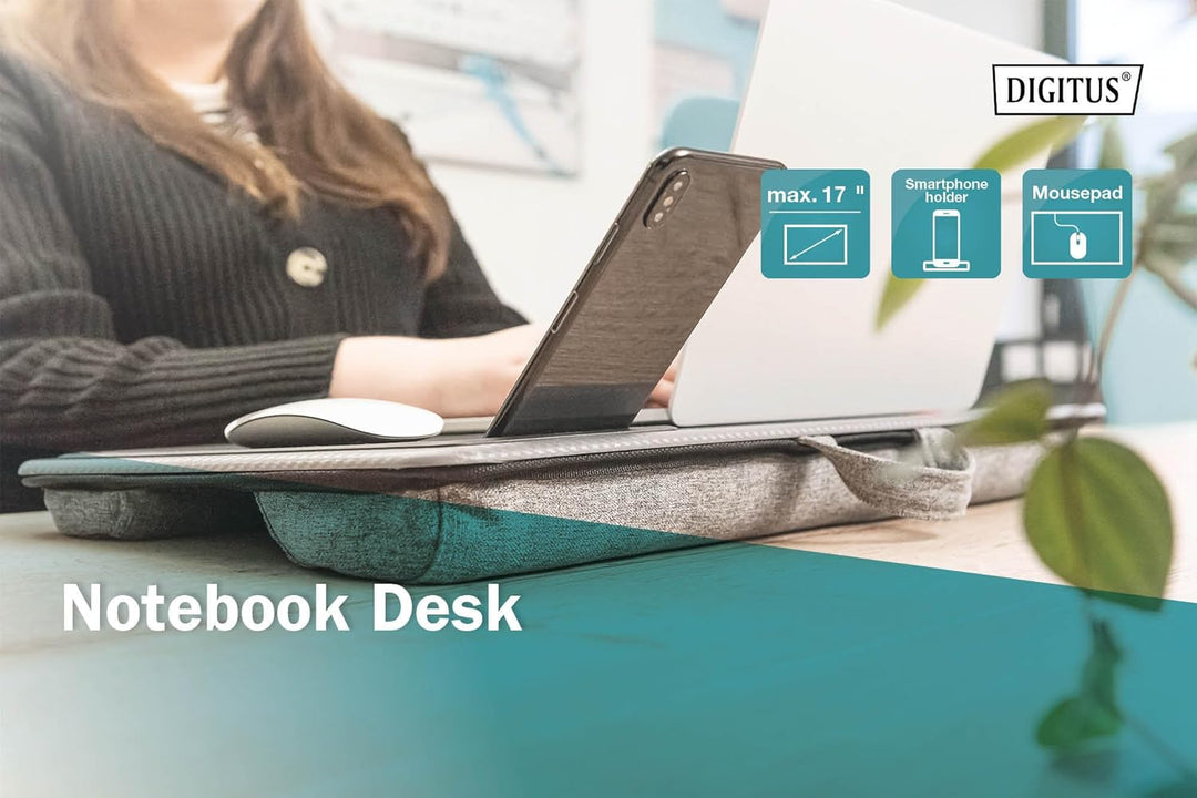 DIGITUS Notebook Kissen - mit Smartphone-Halterung - für 17" Laptops - Laptopunterlage - zum bequeme