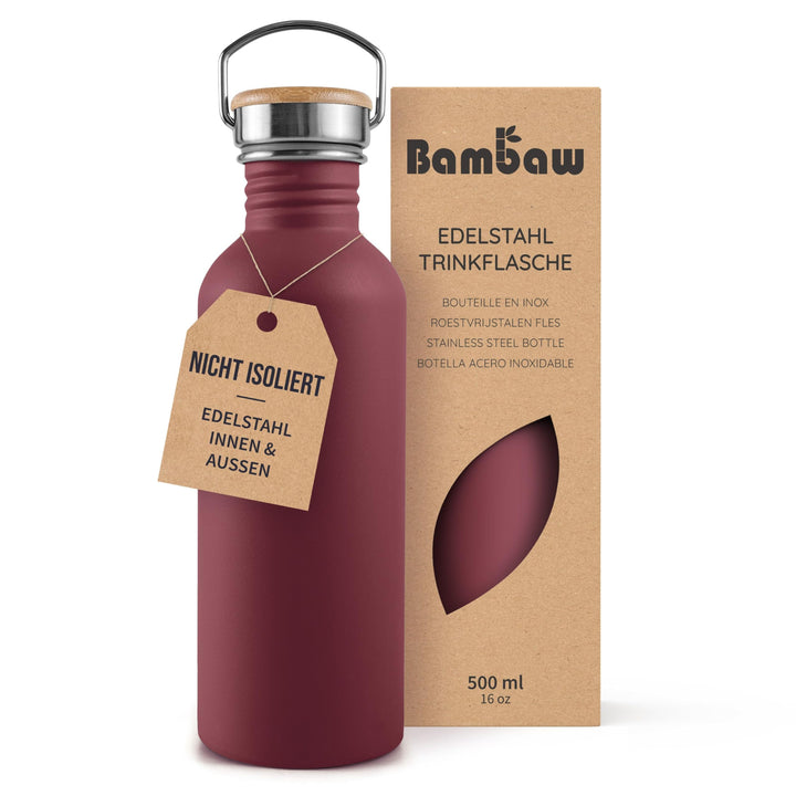 Bambaw Trinkflasche Edelstahl Kinder 500ml, Nicht-isolierte Trinkflasche Rot, Edelstahl Fahrrad Trin