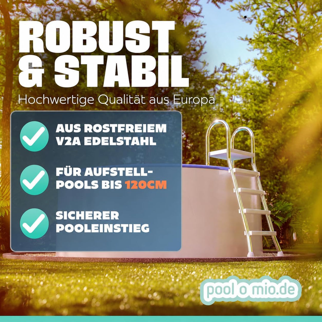 poolomio® Poolleiter Edelstahl mit Handlauf bis 120 cm | Einstiegsleiter mit 4 Stufen für Aufstellpo
