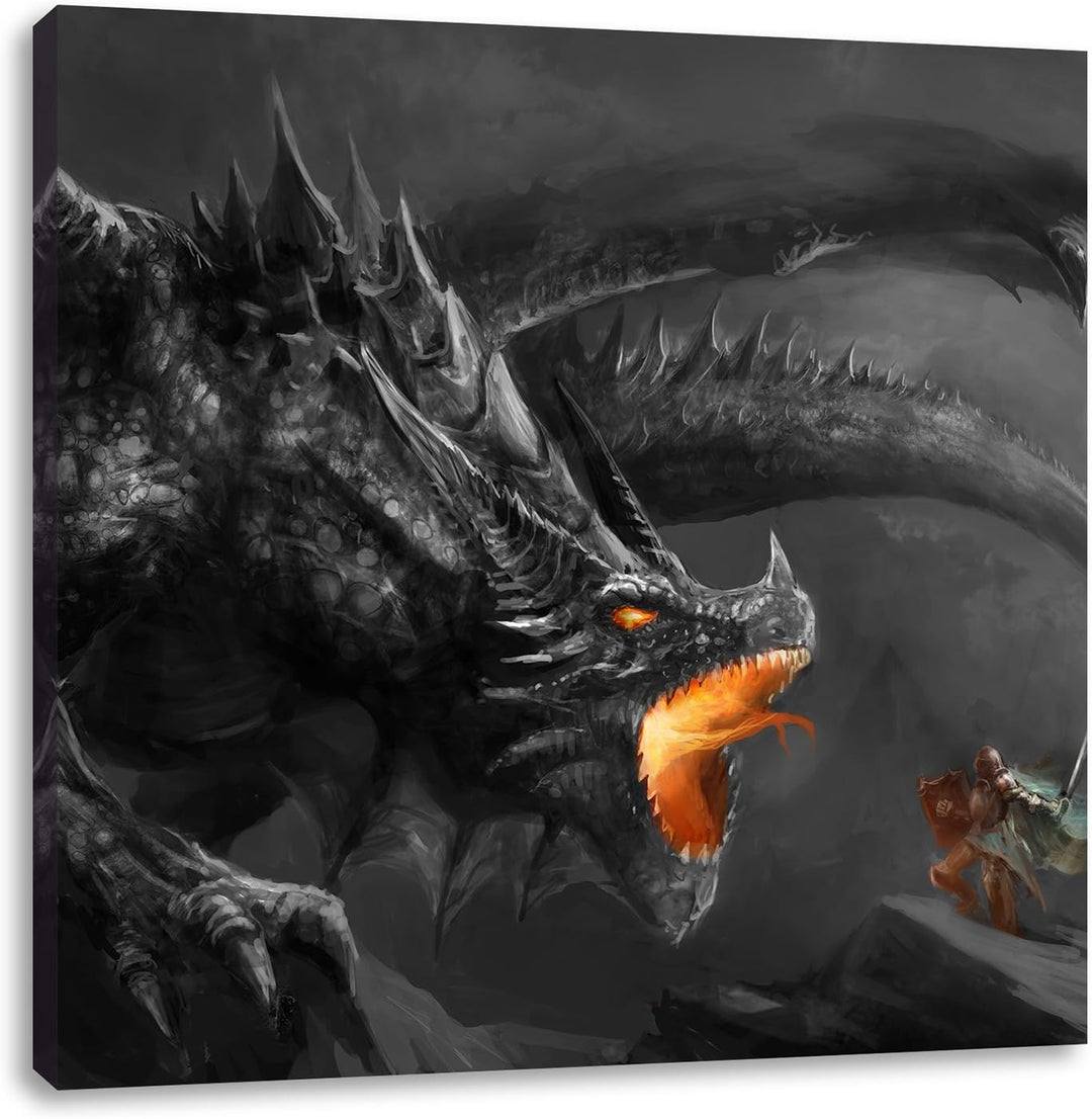 Pixxprint Kampf zwischen Mensch und Drache Schwarz/Weiss, Format: 70x70 auf Leinwand, 70x70