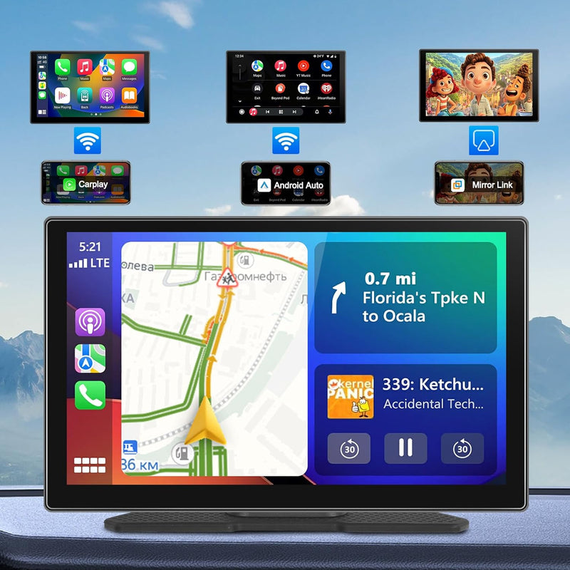 Podofo 9 Zoll Tragbares Autoradio mit Kabelloses Apple Carplay & Android Auto, Drehbarer Ständer 7-3