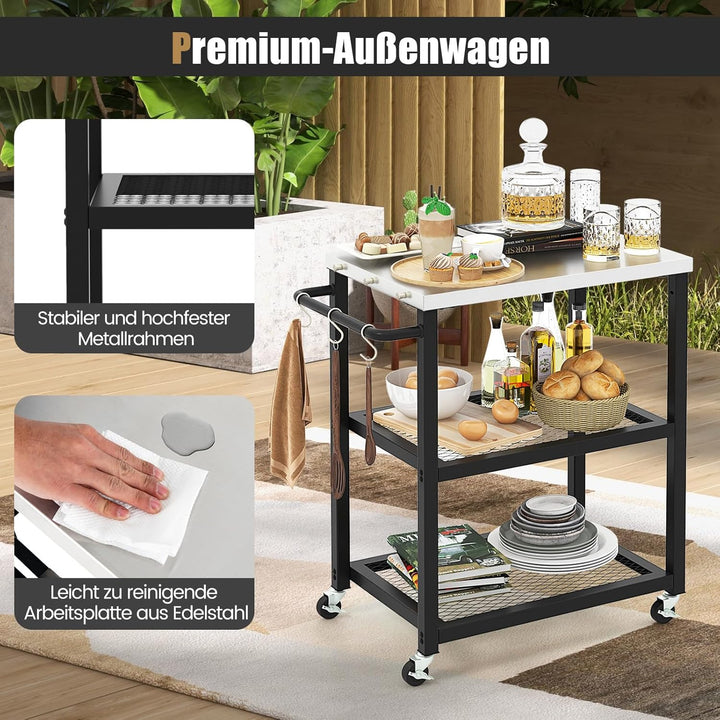 COSTWAY Grillwagen Outdoor, Grilltisch mit 3 Ablagen & 4 Rädern & Griff & 3 Haken, Pizzatisch Beiste