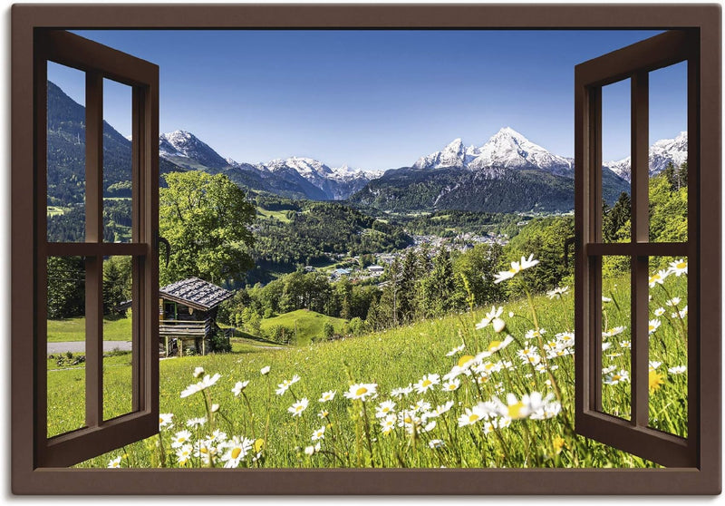 Artland Leinwandbild Wandbild Bild auf Leinwand 70x50 cm Wanddeko Fensterblick Fenster Alpen Landsch