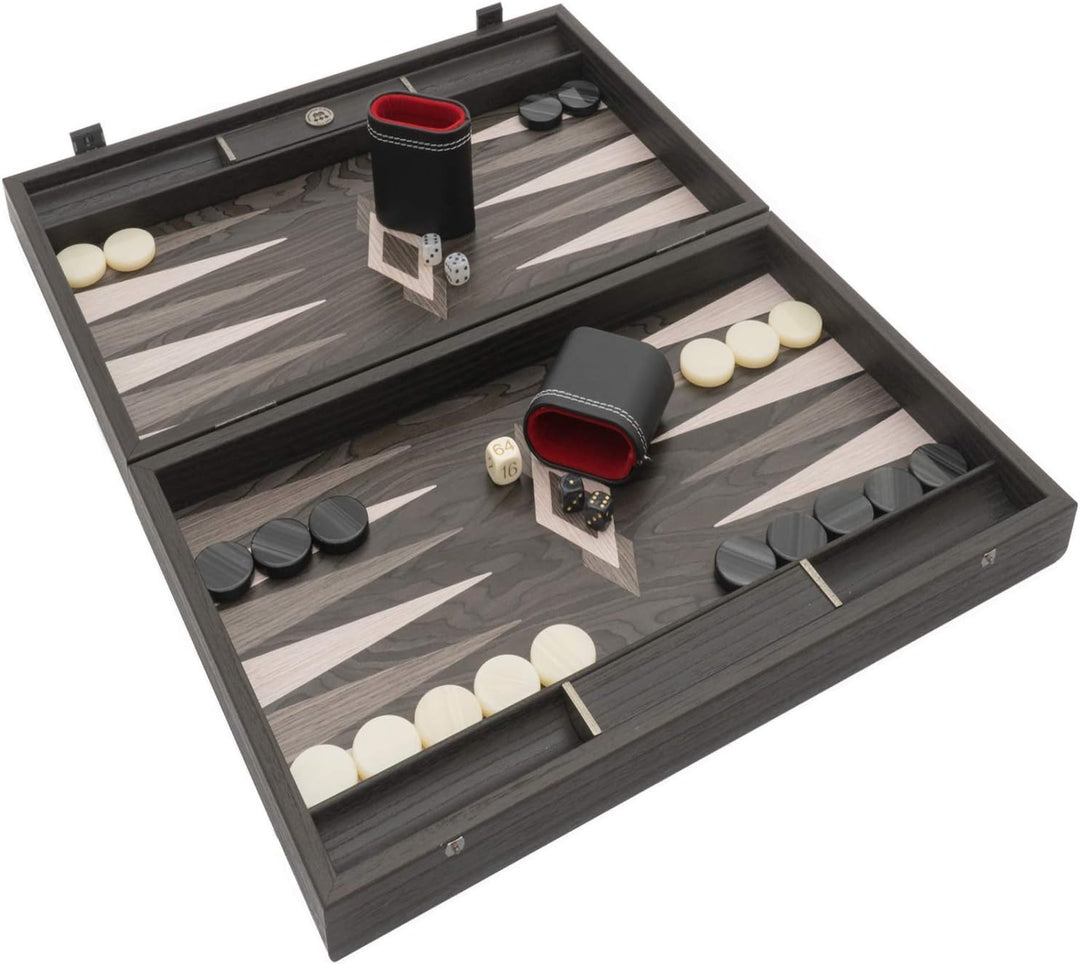 Manopoulos Backgammon-Set aus Ebenholz und Eiche mit Vinyl Deluxe-Bechern