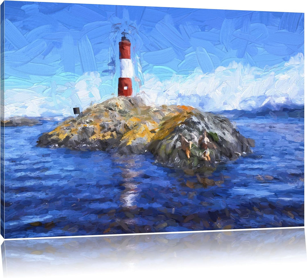 Pixxprint Leuchtturm mit Robben als Leinwandbild/Grösse: 100x70 cm/Wandbild/Kunstdruck/fertig bespan