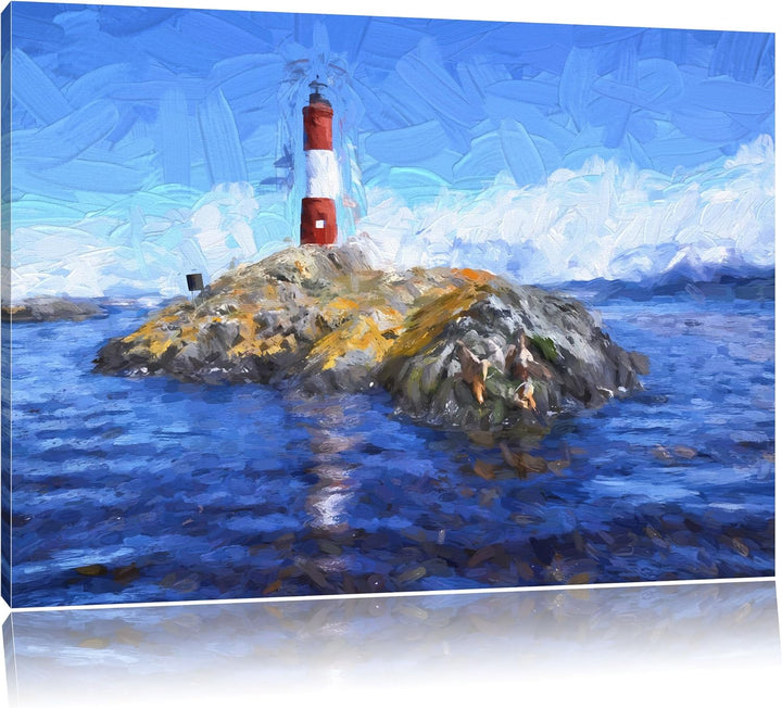 Pixxprint Leuchtturm mit Robben als Leinwandbild/Grösse: 100x70 cm/Wandbild/Kunstdruck/fertig bespan