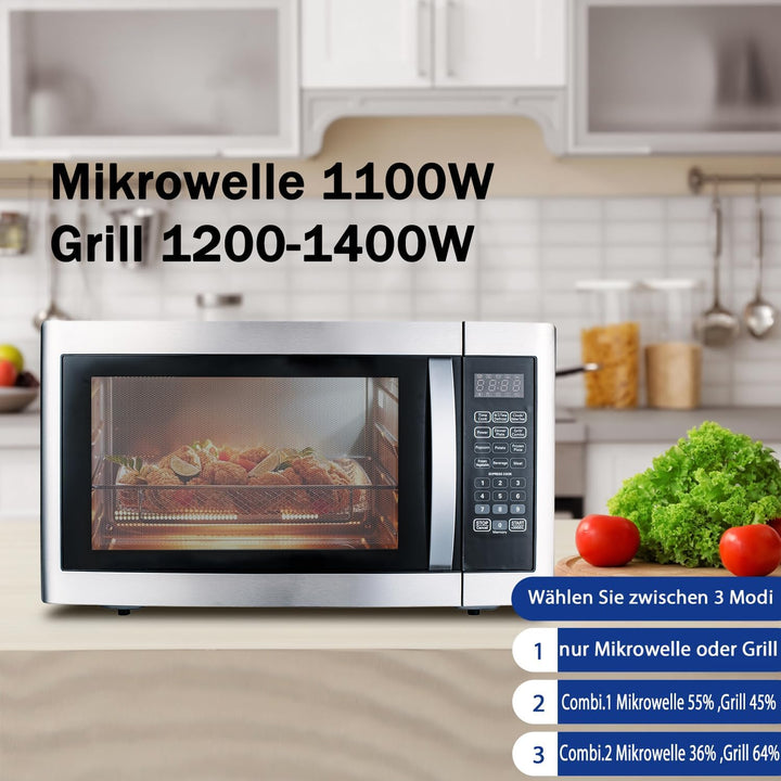 Smad Mikrowelle mit Grill, 42L, 1100W, Mikrowelle Kombi, 11 Leistungsstufen, 6 Auto-Menüs, Speicherf
