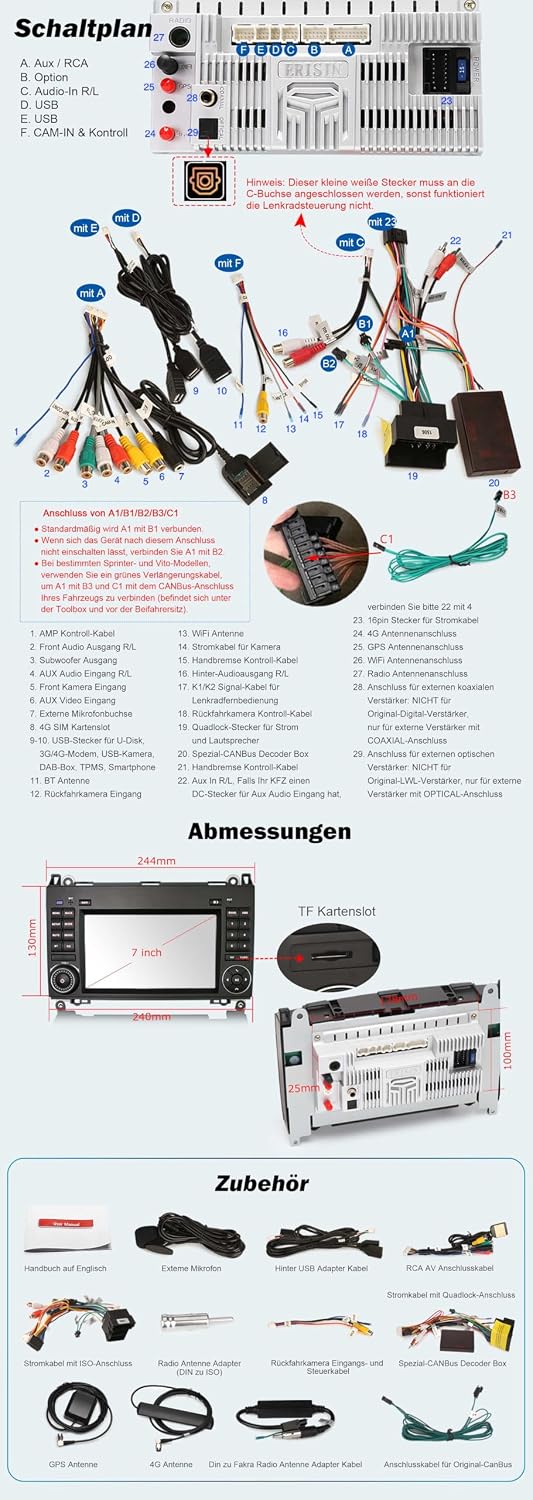 Erisin 7 Zoll 8-Kern 4GB+64GB Android 14 Autoradio 2Din mit GPS Navigation für Mercedes R-Klasse W25