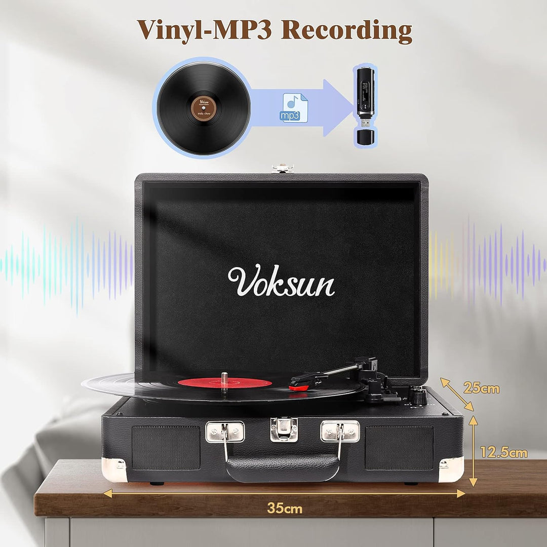 Voksun Bluetooth Record Player, Vinyl Turntable, Built-in Speaker, Belt Drive 33/45/78 RPM, Portable