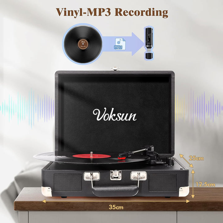 Voksun Bluetooth Record Player, Vinyl Turntable, Built-in Speaker, Belt Drive 33/45/78 RPM, Portable