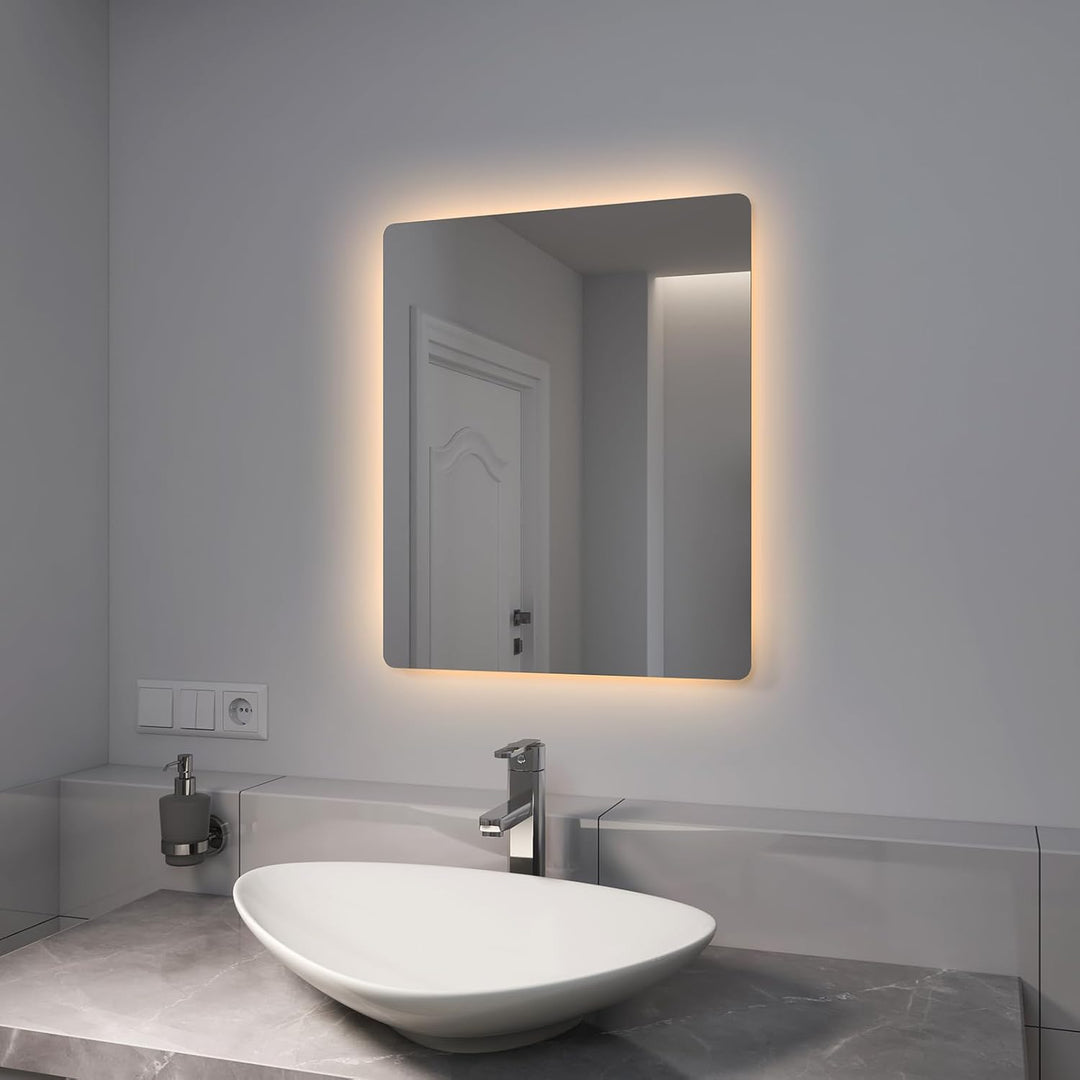 EMKE Spiegel mit Beleuchtung 60x50cm, badspiegel mit Beschlagfrei und 2 Lichtfarbe Warmweiss/Kaltwei