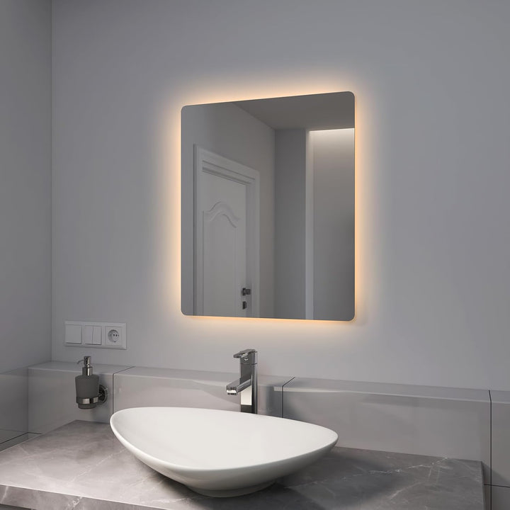 EMKE Spiegel mit Beleuchtung 60x50cm, badspiegel mit Beschlagfrei und 2 Lichtfarbe Warmweiss/Kaltwei