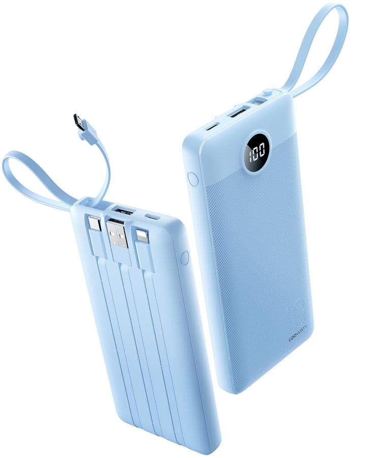 10000mAh Powerbank mit Integriertem Kabel, USB C Tragbares Ladegerät, 5 Ausgänge 2 Eingänge LED Disp