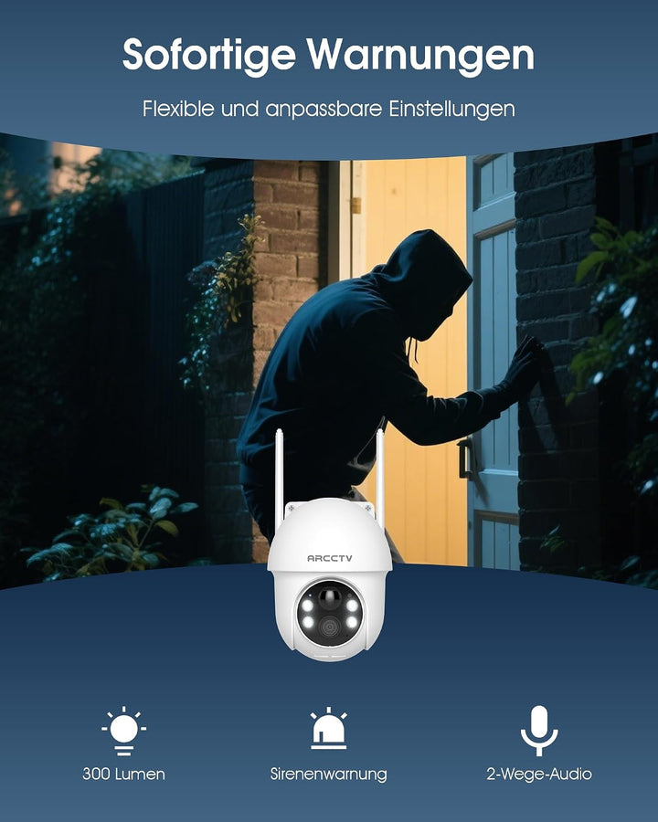ARCCTV 4MP Solar Überwachungskamera Aussen, Aussenkamera Kabellos Akku, 2,4/5GHz-WLAN, Alarm Bei Per