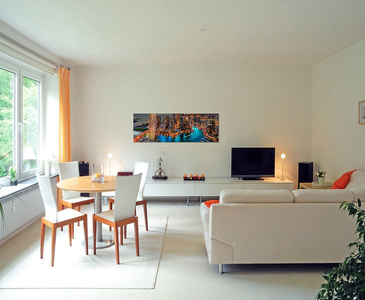 Paul Sinus Art Panoramabild auf Leinwand und Keilrahmen 150x50cm Stadt Yachthafen Hochhäuser Meer Dä
