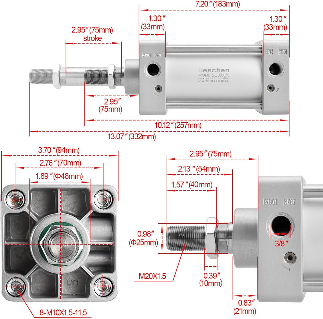Heschen Pneumatischer Standard-Luftdruckzylinder, SC 80-75, PT3/8'' Anschluss, 80mm Bohrung, 75mm Hu