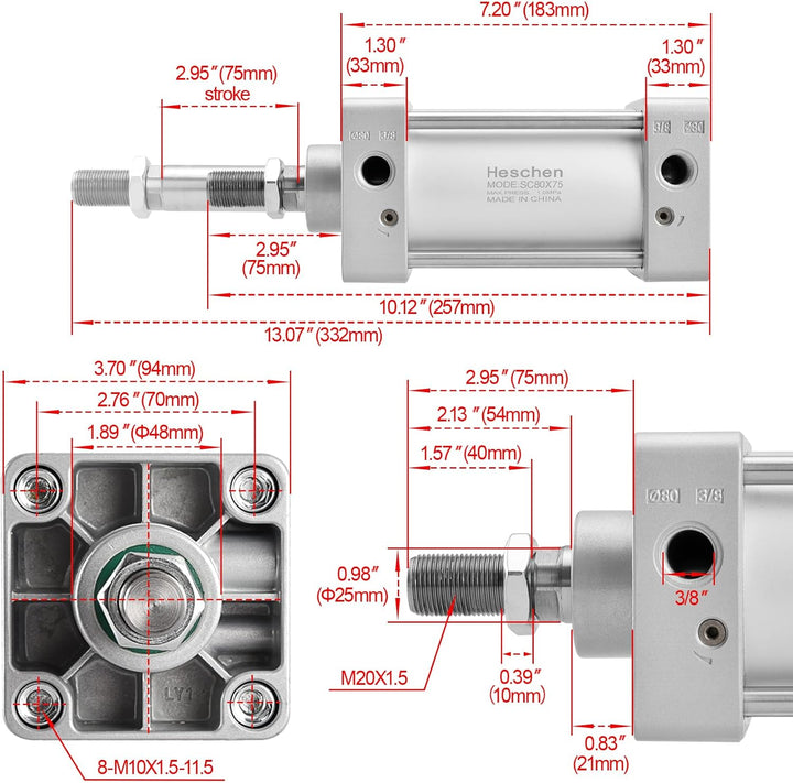Heschen Pneumatischer Standard-Luftdruckzylinder, SC 80-75, PT3/8'' Anschluss, 80mm Bohrung, 75mm Hu
