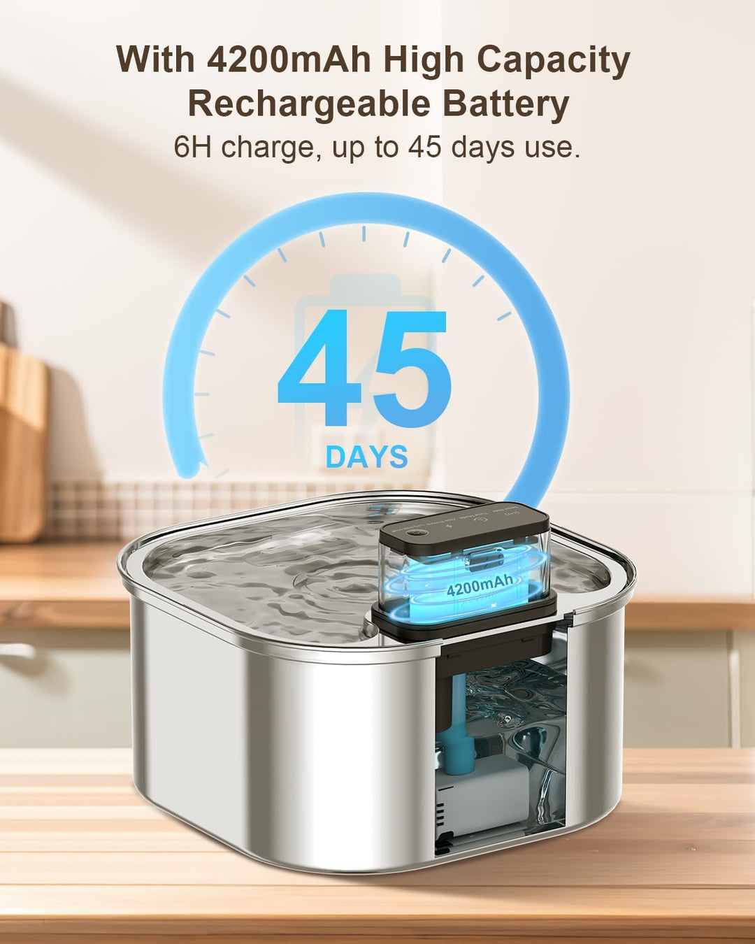 Katzenbrunnen Kabellos mit Bewegungsmelder- 3.2L Trinkbrunnen für Katze Edelstahl, 4200 mAh Leiser W