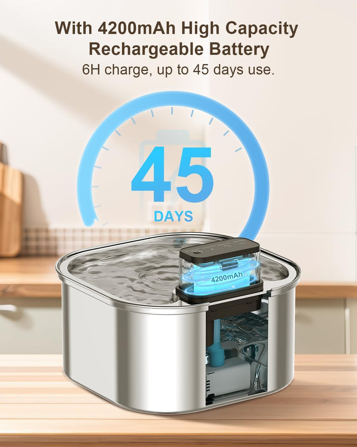 Katzenbrunnen Kabellos mit Bewegungsmelder- 3.2L Trinkbrunnen für Katze Edelstahl, 4200 mAh Leiser W