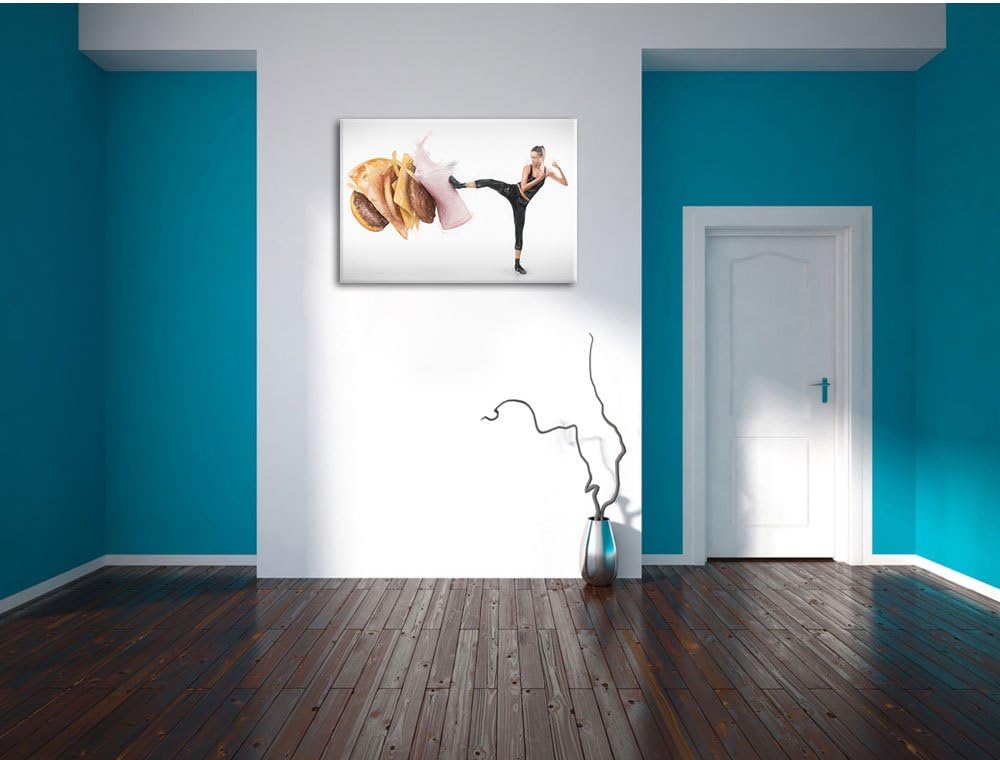 Pixxprint Starke Frau kickt gegen Fastfood Bunstift Effekt, Format: 100x70 auf Leinwand, riesige Bil