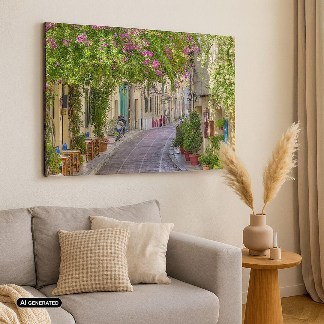 Bilder auf Leinwand 100x70cm Leinwandbild Strasse dekoration blumen griechenland Gross Wanddeko Bild