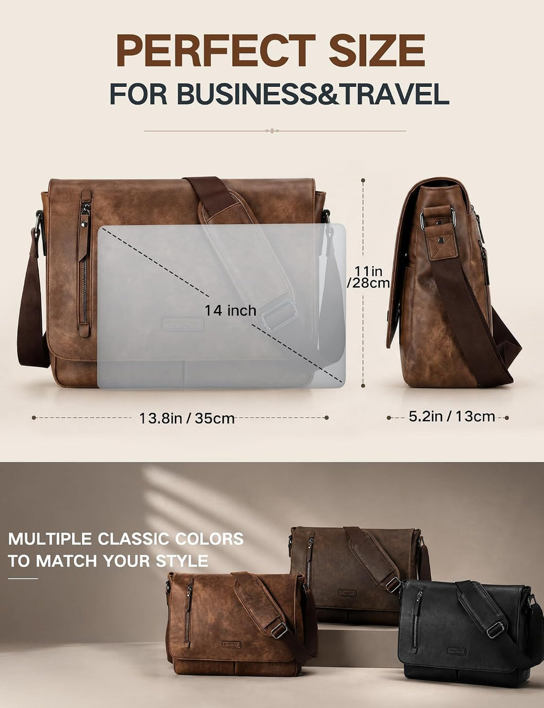 VX VONXURY Umhängetasche Herren und Damen, Vegan Leder 14 Zoll Laptoptasche Messenger Bag Arbeitstas