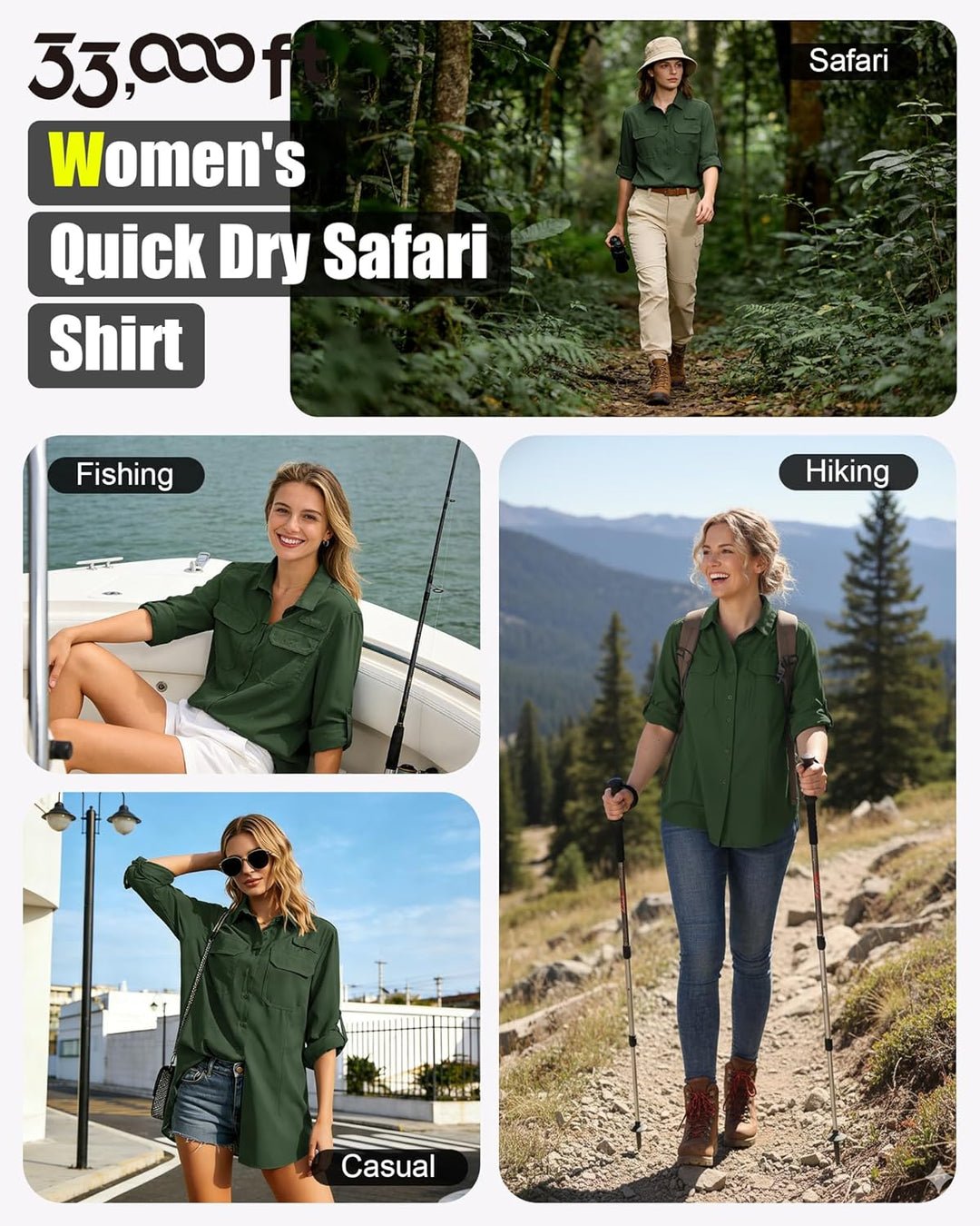 33,000ft Hemdbluse Damen UPF50 UV Schutz Hemd Schnelltrocknende Button-Down Shirts Atmungsaktive Wan