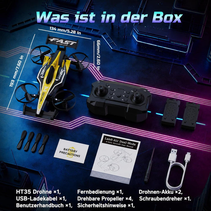DEERC HT35 2-in-1 Drohne und RC-Auto für Kinder, ideal für Anfänger, Gelb | 3 Geschwindigkeitsstufen