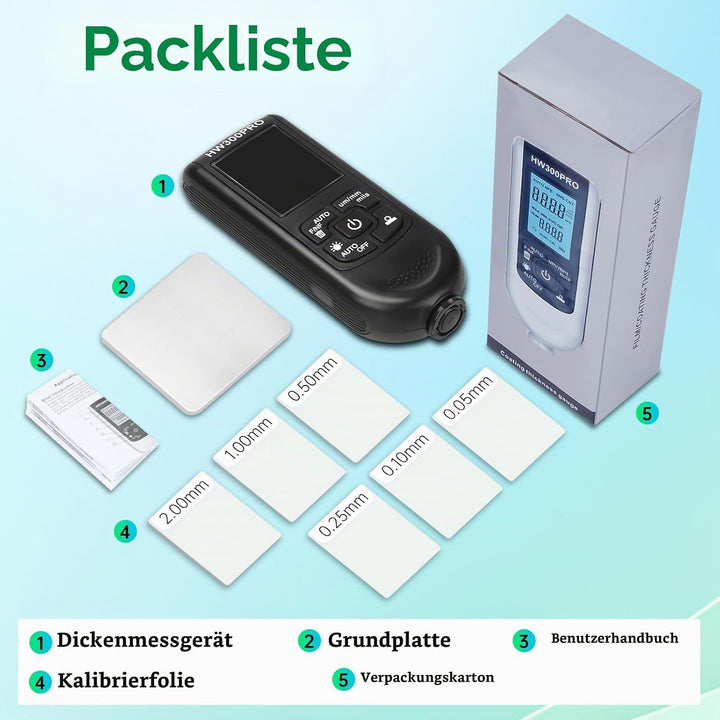 Digitales Schichtdickenmessgerät,Lackschichtenmesser Messbereich 0–2000μm mit Trageschlaufe zur Mess