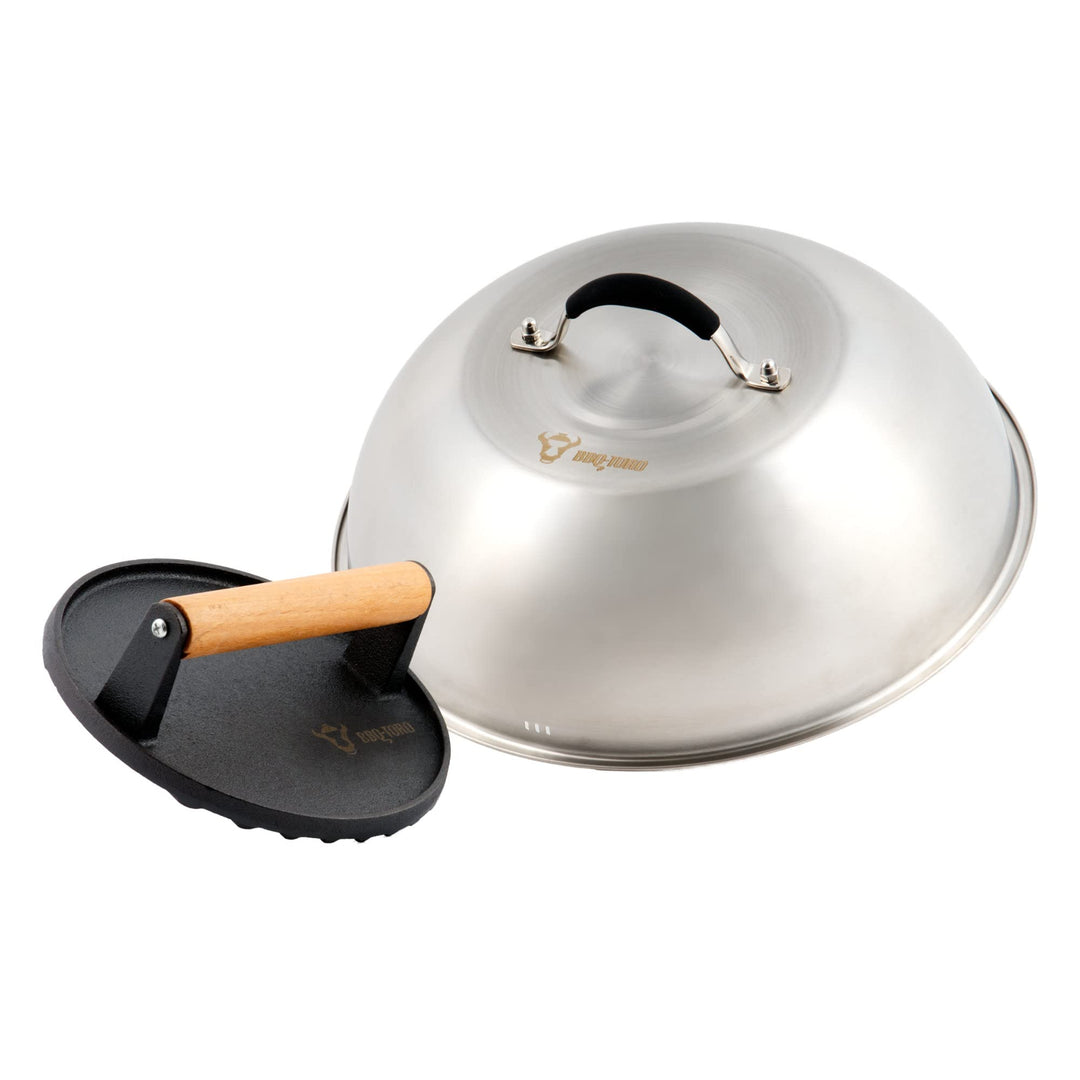 BBQ-Toro Edelstahl Wärmeglocke mit Gusseisen Fleischbeschwerer | Ø 31,5 cm | Burger Glocke mit Fleis