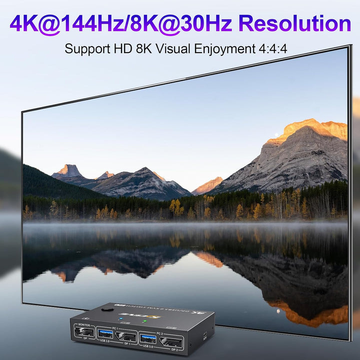 USB 3.0 KVM Switch Displayport 4K@144Hz, KVM Switch 2 PC 1 Monitor 8K@30Hz, DP KVM Switches for 2 PC