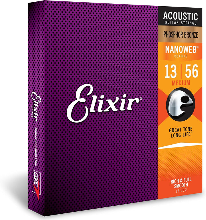Elixir 11102 Saiten 80/20 Bronze Akustik-Gitarrensaiten mit NANOWEB Beschichtung, Medium (.013-.056)
