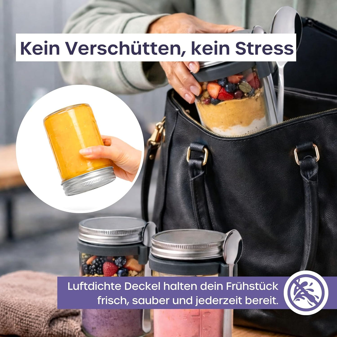 volila Overnight Oats Gläser - (2 Stk. à 350ml) Overnight Oats Behälter mit Deckel - Müslibecher to
