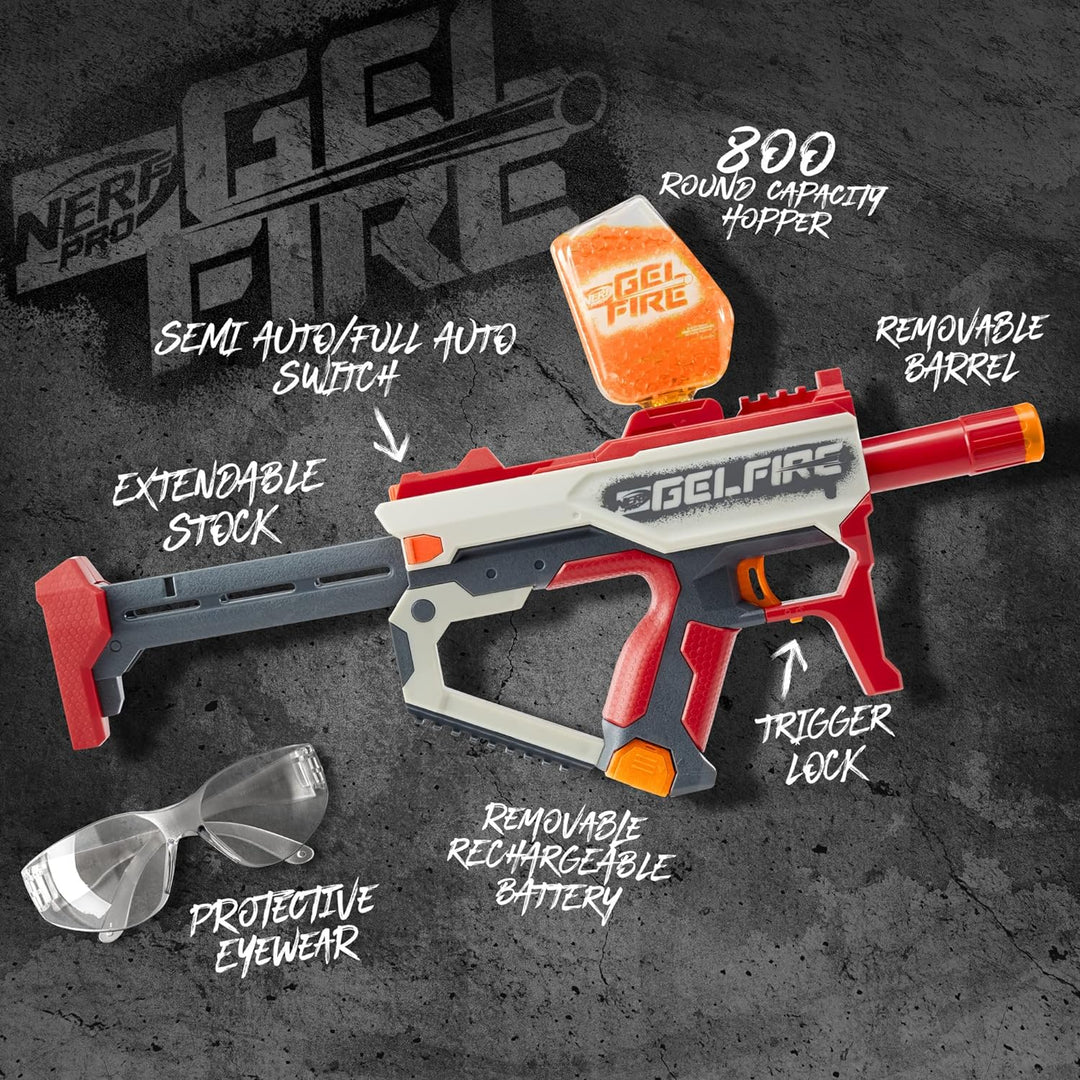 Nerf Pro Gelfire Mythic Blaster, 1.600 Gelfire Runden, Trichter, Akku, Brille
