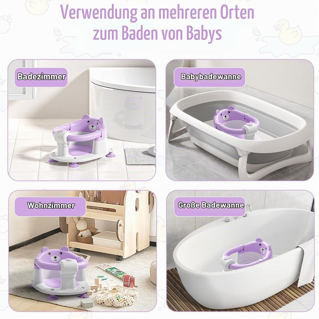 Badewannensitz Baby ab 6 Monate, Bär Rutschfester Badesitz Baby mit 4 Saugnäpfen und Kissen für Klei